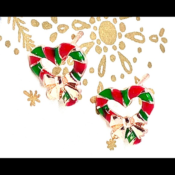 Christmas Red Green Enamel Candy Cane Heart w/ Bow Rose Gold Tone Stud Earrings - Picture 2 of 4
